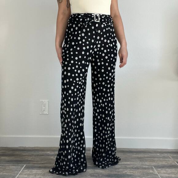 Vintage Carlisle 100% Silk Polka Dot Wide Leg Pants with Belt Black White Size 4 - Picture 13 of 14
